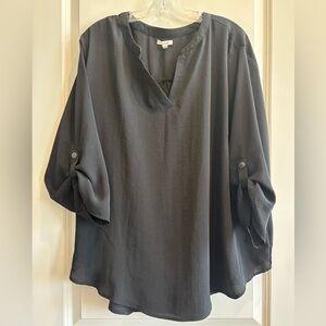 2X Black Flowy V Neck Blouse Roll Tab Sleeve Tunic Top NWOT Plus Size